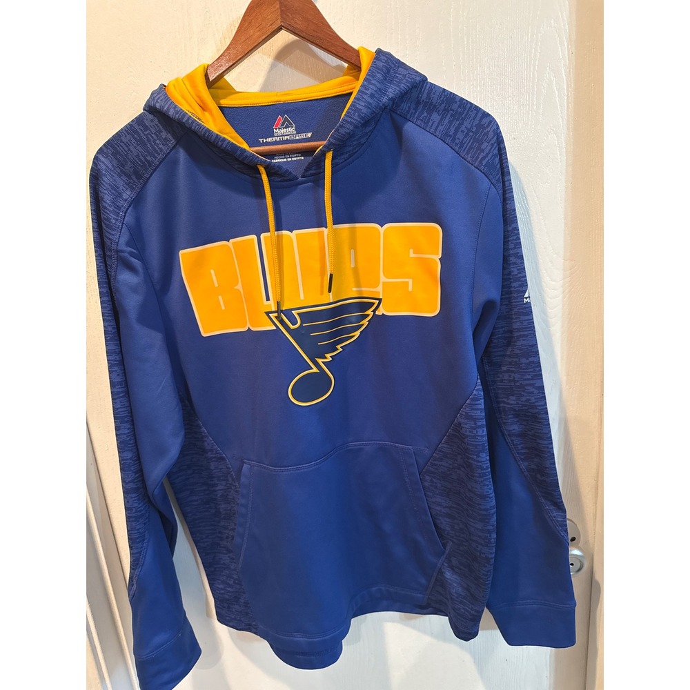 Majestic St Louis Blues NHL Hoodie Mens Medium Blue Yellow Therma Base Pullover